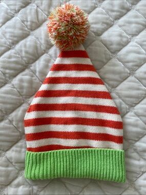 Striped Orange & White Knit Pom Pom Kids Hat with Bright Green Cuff